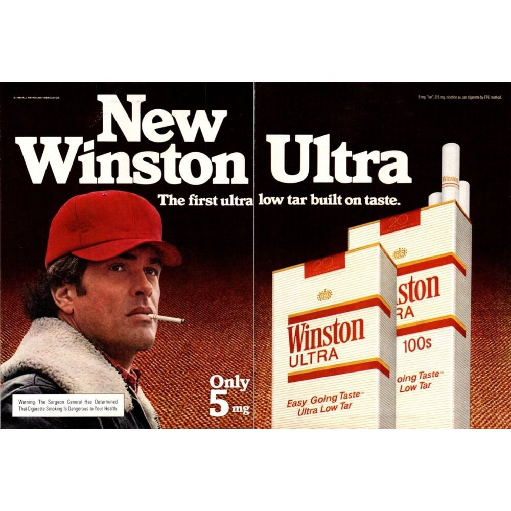 1981 Winston Ultra Cigarettes 2 Page Vintage Print Ad Red Trucker Hat Wall Art
